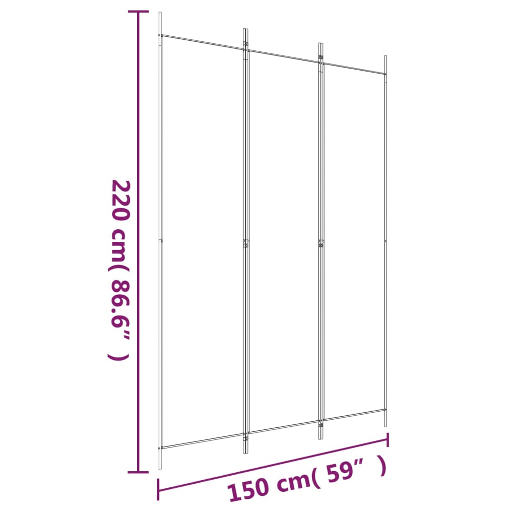 3-Panel Room Divider 150x220 cm Fabric dimensions illustration, showing size of 150 cm width and 220 cm height.