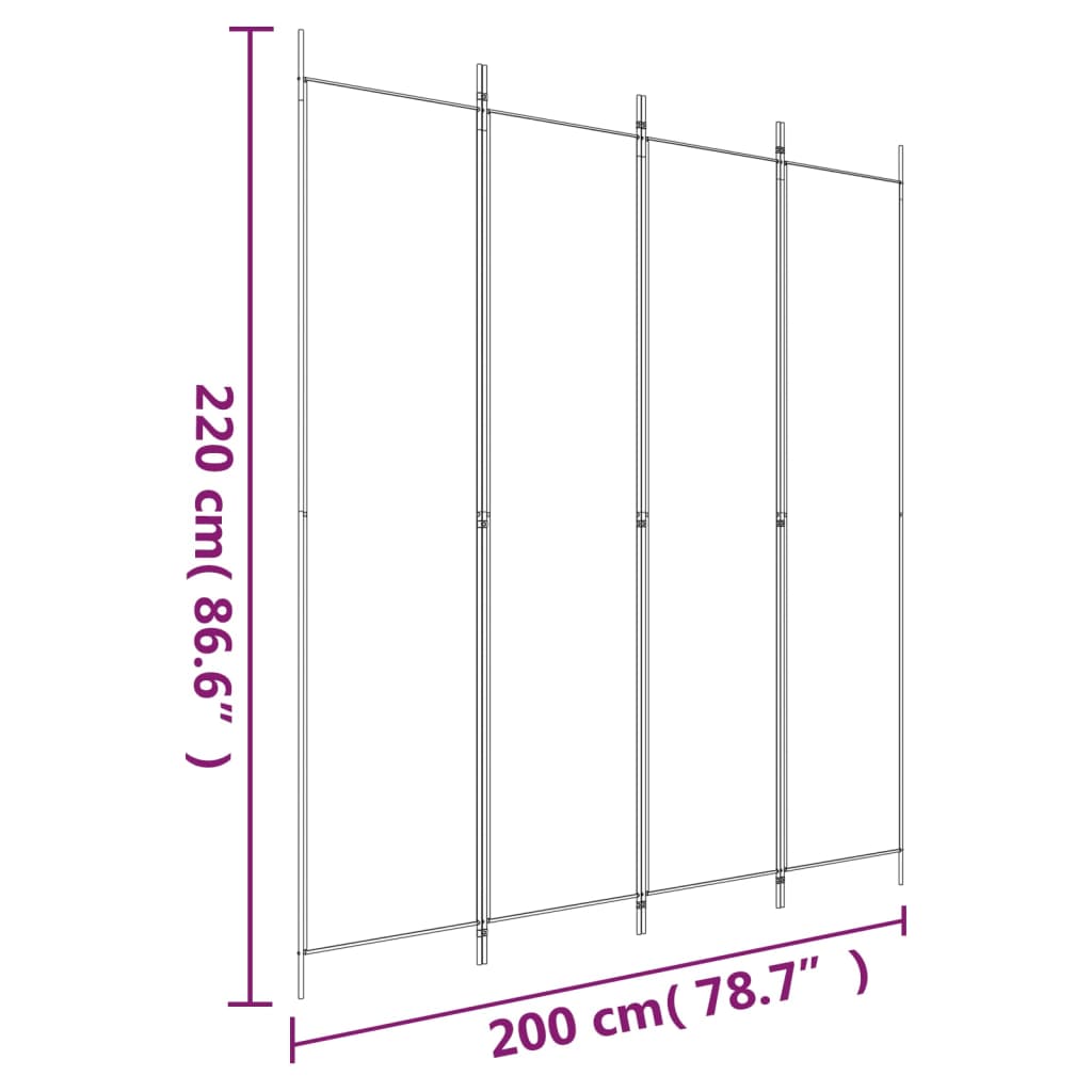 Diagram of 4-Panel Room Divider 200x220 cm Fabric showing dimensions