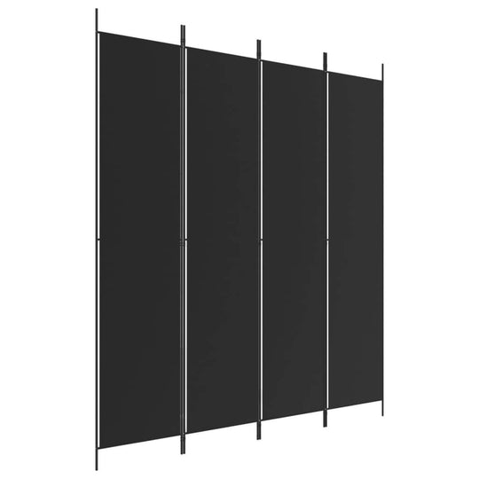 4-Panel Room Divider 200x220 cm Fabric in black, used to divide spaces for privacy and sunlight blocking.