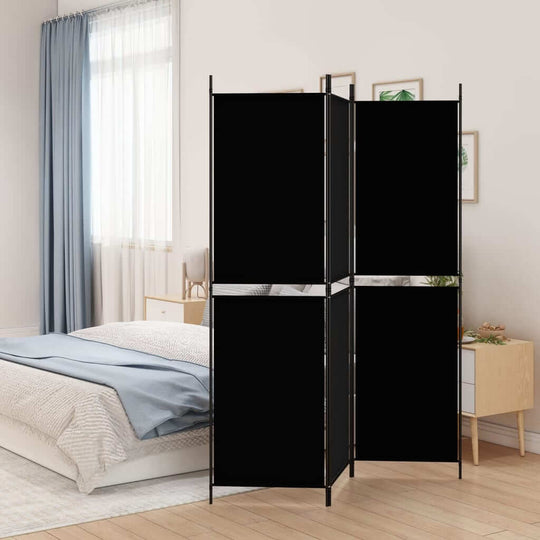 3-panel black fabric room divider in a modern bedroom, providing privacy and stylish separation of space.