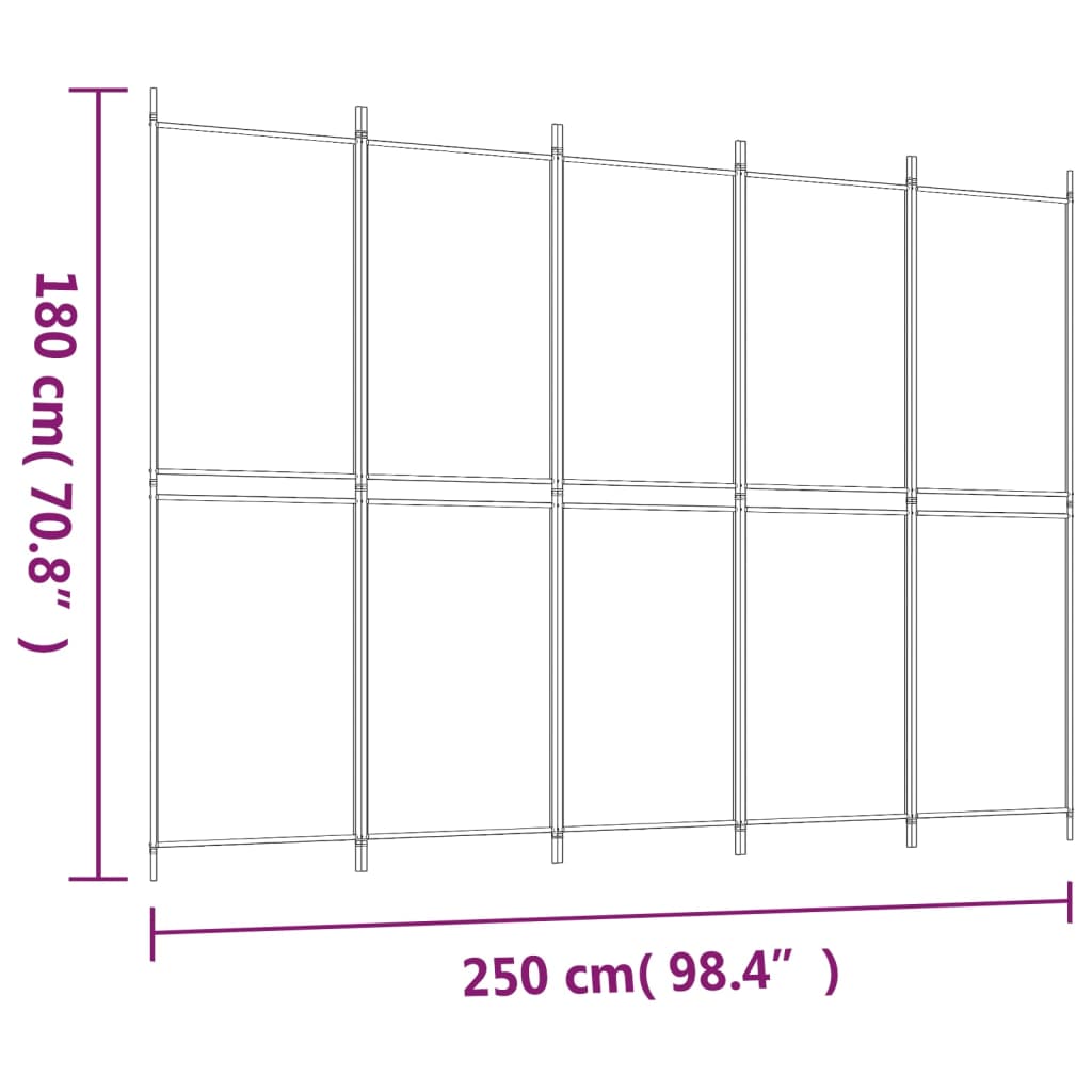 5-Panel Room Divider 250x180 cm Fabric with measurement dimensions illustration