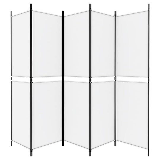 5-Panel Room Divider 250x200 cm Fabric, versatile and durable for privacy and sun protection, white with black frame.