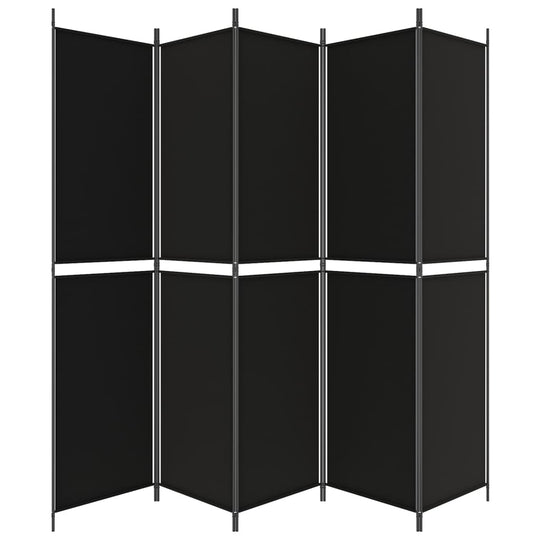 5-panel black fabric room divider, 250x220 cm, providing privacy and separating spaces seamlessly.