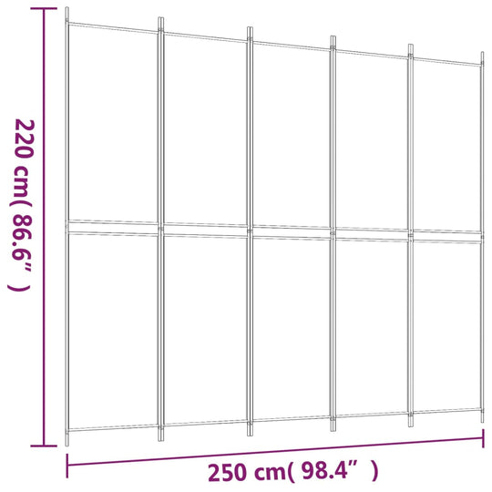 Dimensions of a 5-panel black room divider, measuring 250x220 cm, perfect for creating private spaces.