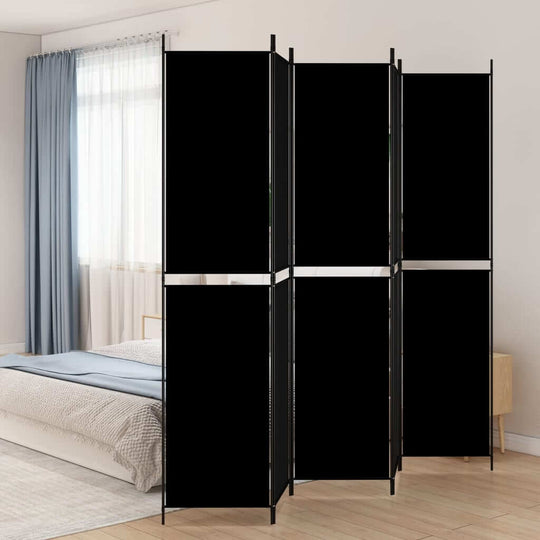 Black 5-panel room divider in a modern bedroom, offering privacy and stylish separation between spaces.