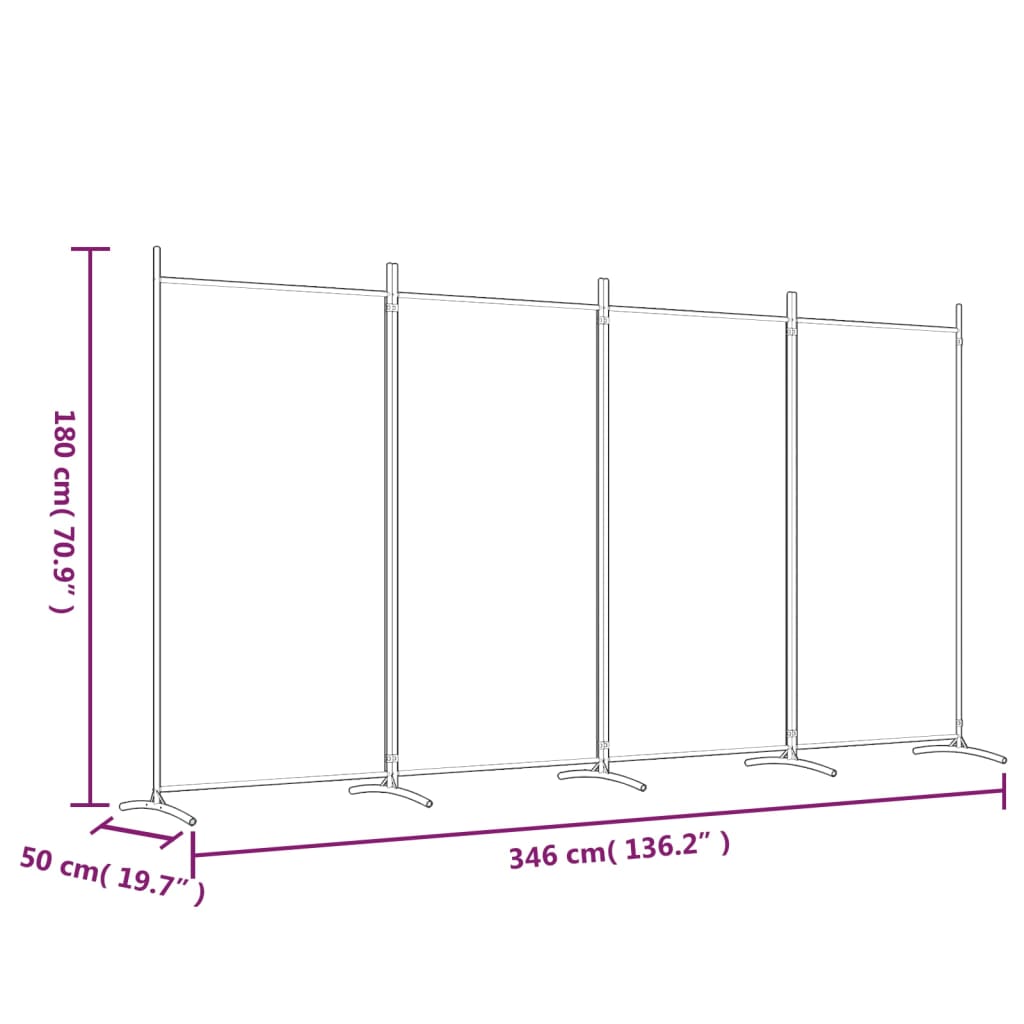 4-Panel Room Divider 346x180 cm Fabric dimensions illustration with height and width measurements.