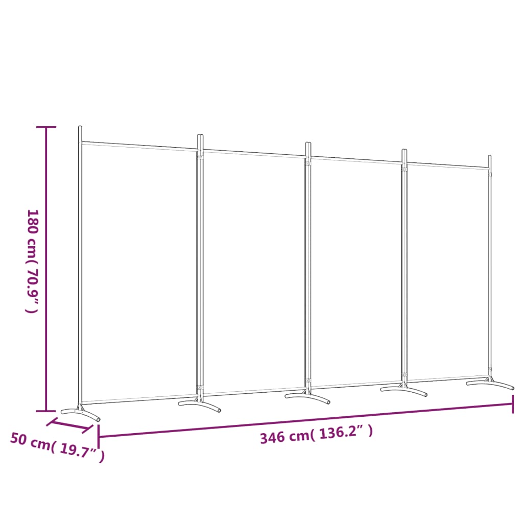 4-Panel Room Divider 346x180 cm Fabric dimensions and specifications illustration with measurements.