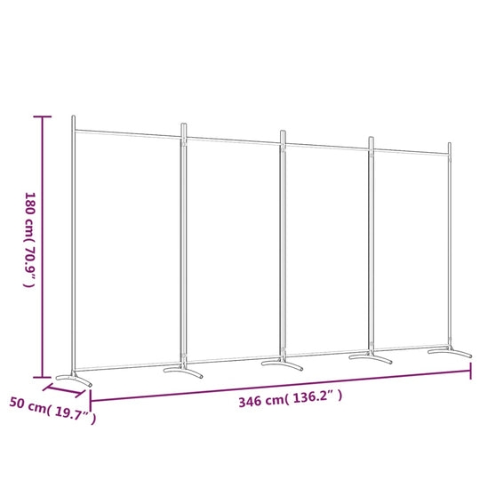 4-Panel Room Divider 346x180 cm Fabric dimensions and specifications illustration with measurements.