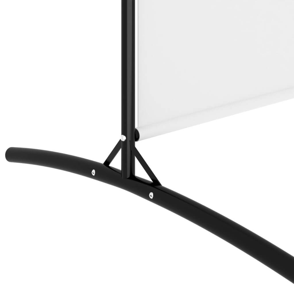 Close-up of the black metal support base of a white fabric 6-panel room divider, showcasing its sturdy design.