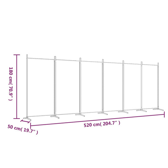 6-panel white room divider dimensions: 520x180 cm, providing privacy and versatile use in any space.