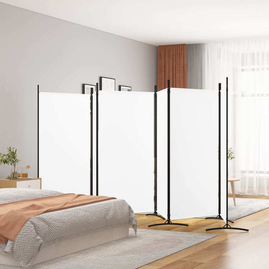 6-panel white room divider in modern bedroom, providing privacy and sunlight blockage with a clean design.