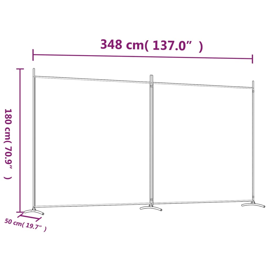 Dimensions of a 2-panel white room divider measuring 348x180 cm, perfect for creating privacy in any space.