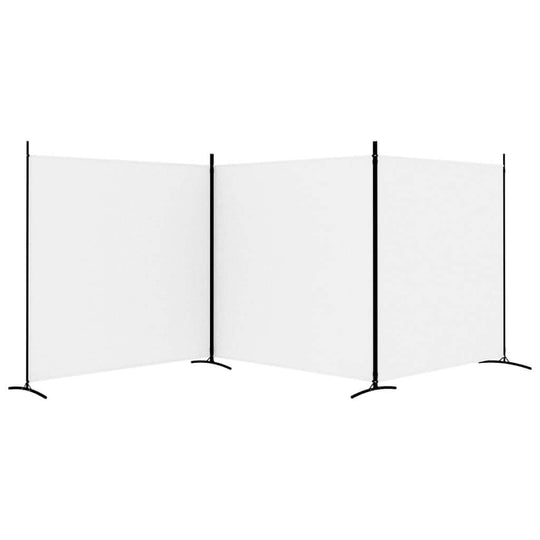 3-Panel Room Divider 525x180 cm Fabric, white fabric screen with black supports for privacy.