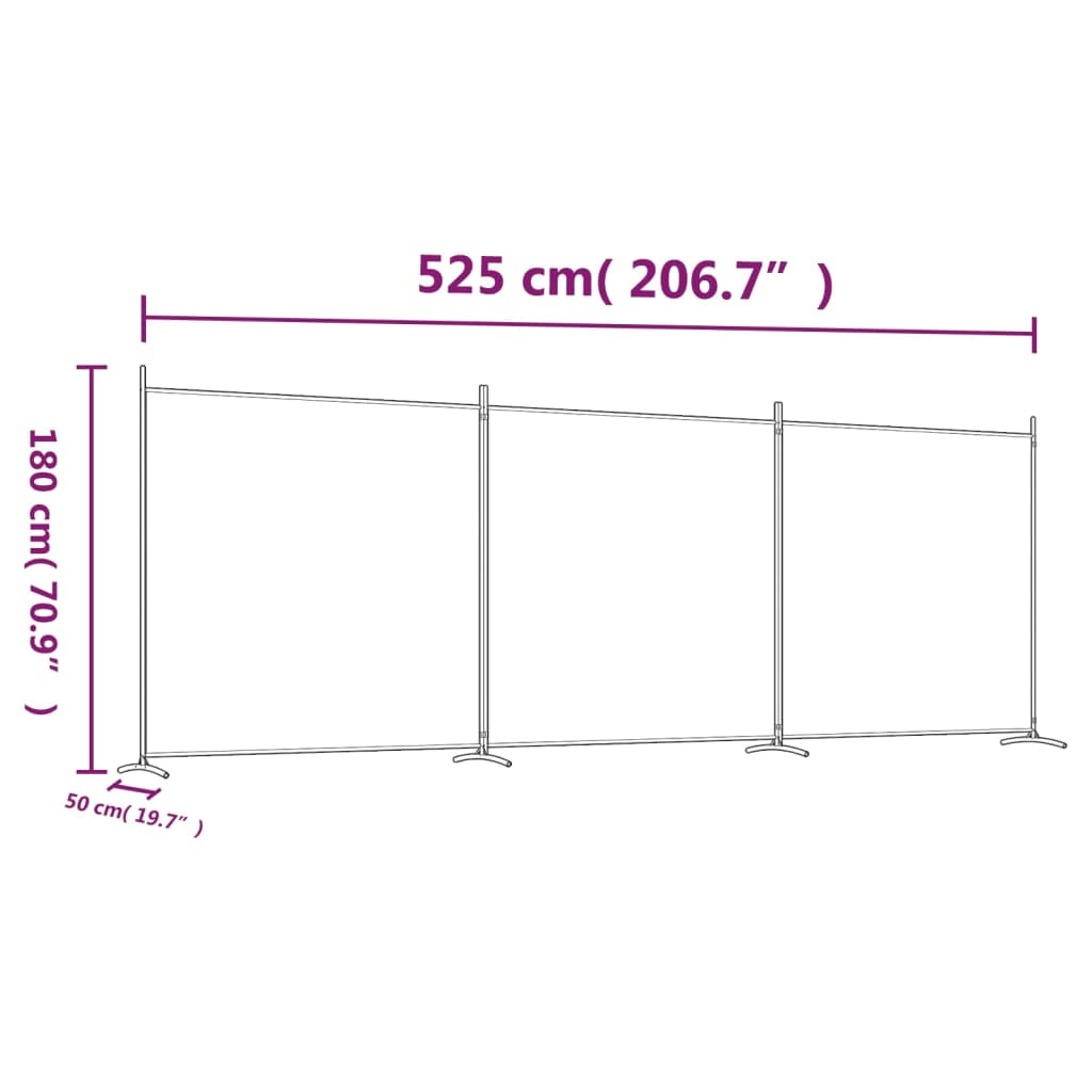 3-Panel Room Divider 525x180 cm Fabric dimensions showing 525 cm width and 180 cm height.