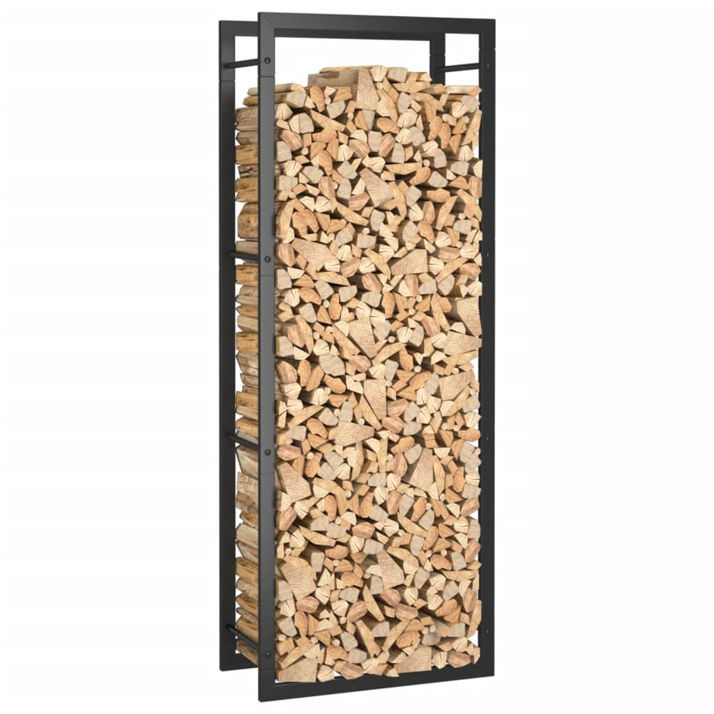 Firewood Rack Matt 50x28x132 cm Steel filled with neatly stacked logs, showcasing durability and ample storage capacity.