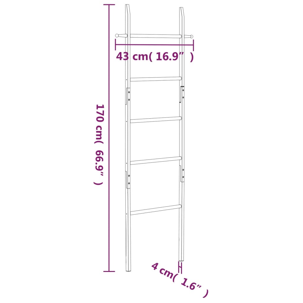 Towel ladder dimensions 170 cm height, 43 cm width, and 4 cm depth, ideal for bathroom storage and home decoration.