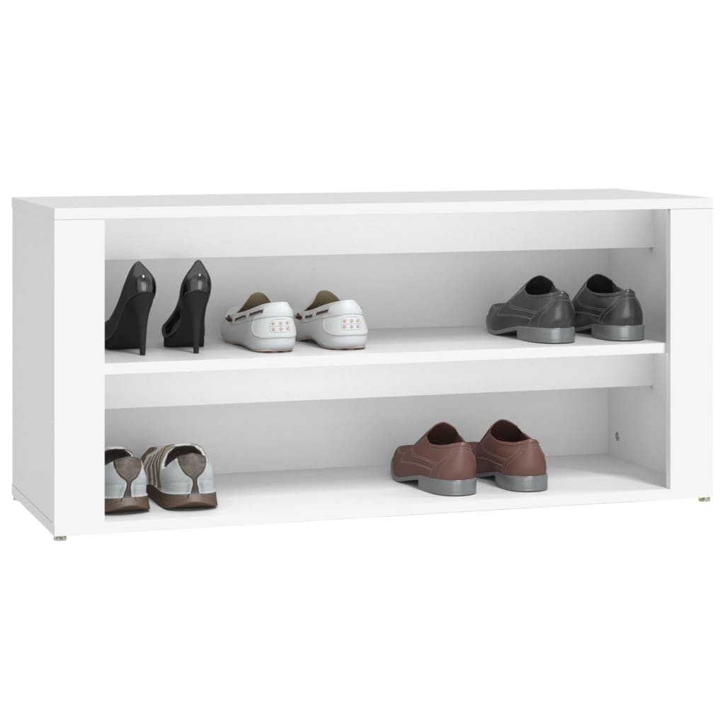 Shoe Rack  100x35x45 cm Engineered Wood - Cherryfurnie LLC This elegant shoe rack features engineered wood, known for its exceptional quality, smooth surface, strength, stability, and resistance to moisture. Keep your shoes organized and your environment tidy with 2 ample compartments for all types of shoes and a sturdy top suitable for decorative items. Assembly manual included. Colour: White Material: Engineered wood Dimensions: 100 x 35 x 45 cm (W x D x H)  Rack #