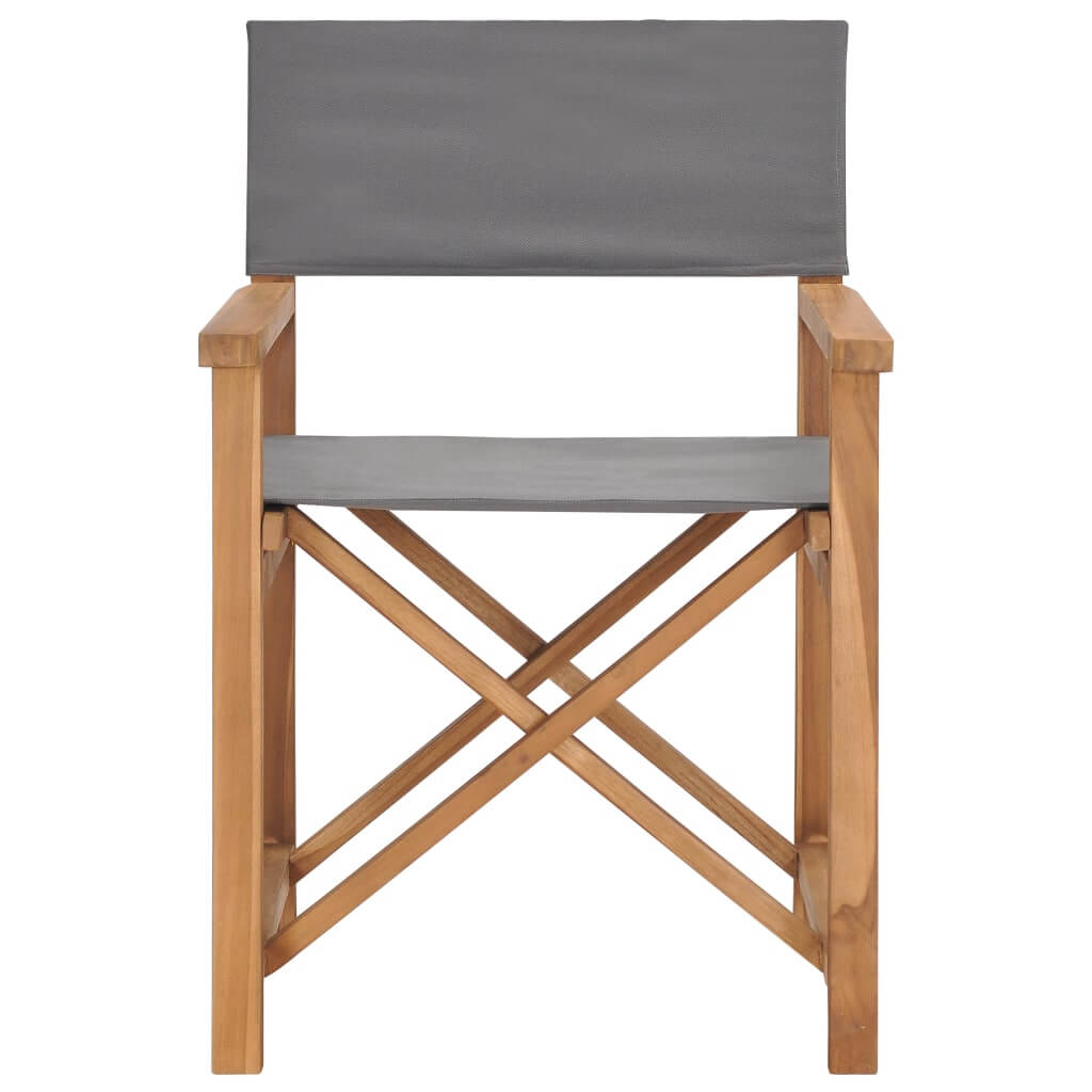 Solid teak wood director's chair with grey fabric, perfect for outdoor living and easy storage. Ideal for stylish lounging.