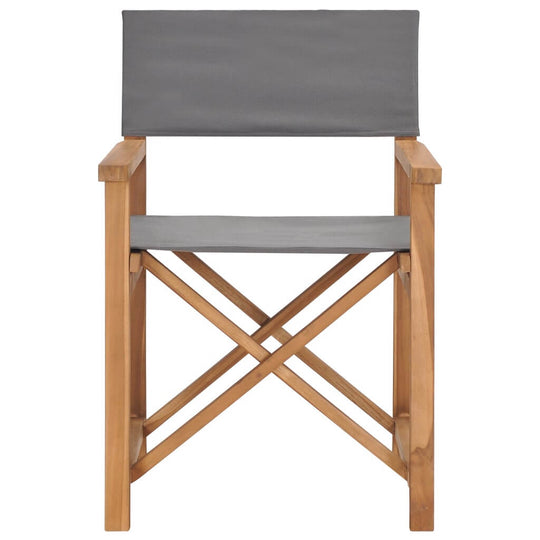 Solid teak wood director's chair with grey fabric, perfect for outdoor living and easy storage. Ideal for stylish lounging.