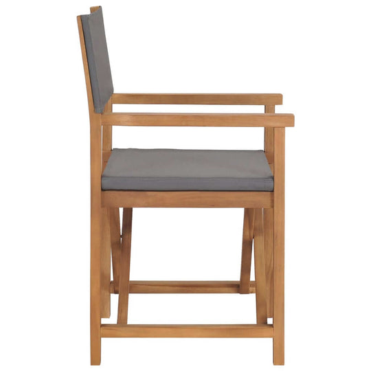 Solid teak wood director's chair with grey cushion, perfect for outdoor furniture in any living space.