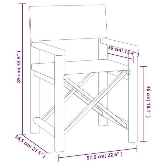 Dimensions of a director's chair with measurements for height, width, and depth, ideal for outdoor furniture setup.