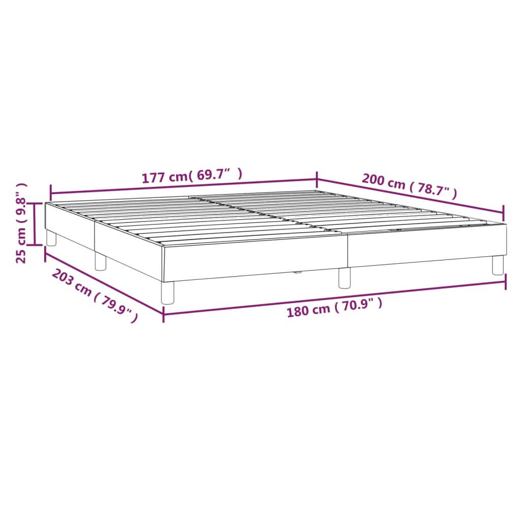 Dimensions of a light grey super king bed frame, 180x200 cm, highlighting its sturdy plywood slats and supportive legs.