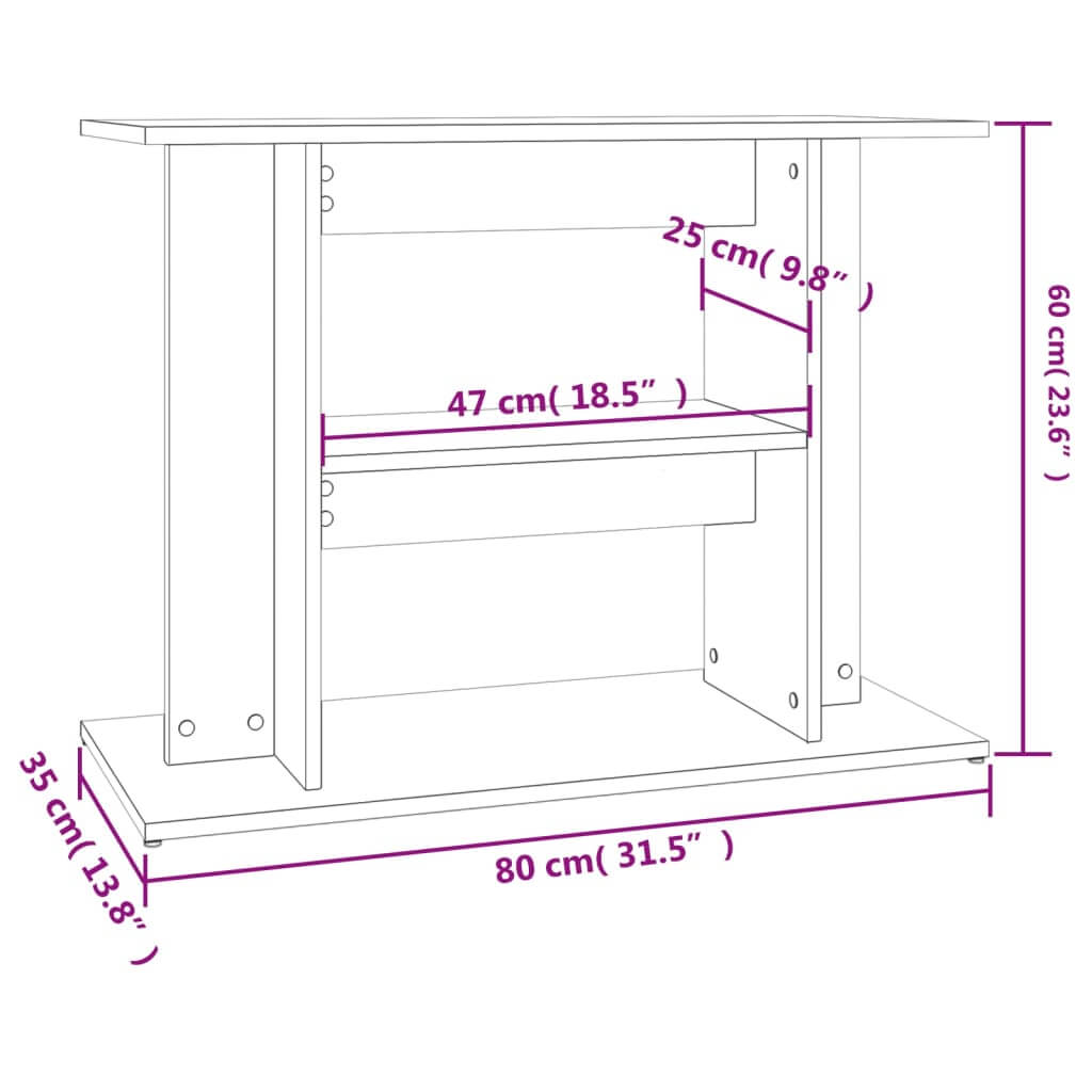 Dimensions of a concrete grey aquarium stand: 80x35x60 cm, showcasing design features and storage options.