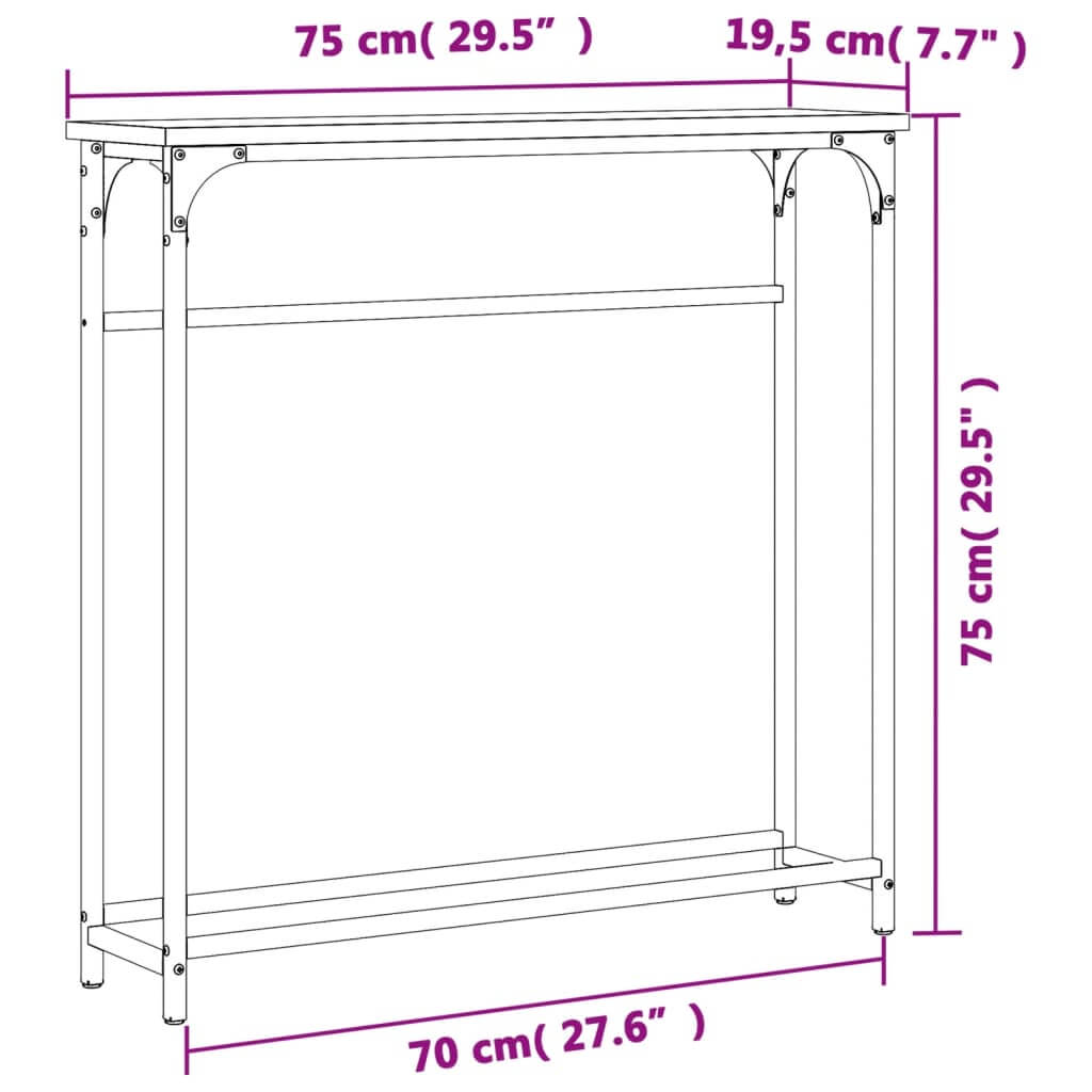 Console table dimensions: 75x19.5x75 cm, engineered wood design, ideal for entryways and living rooms.