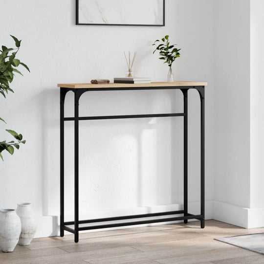 Stylish console table in engineered wood with black metal frame, perfect for entryways and living rooms as outdoor furniture.