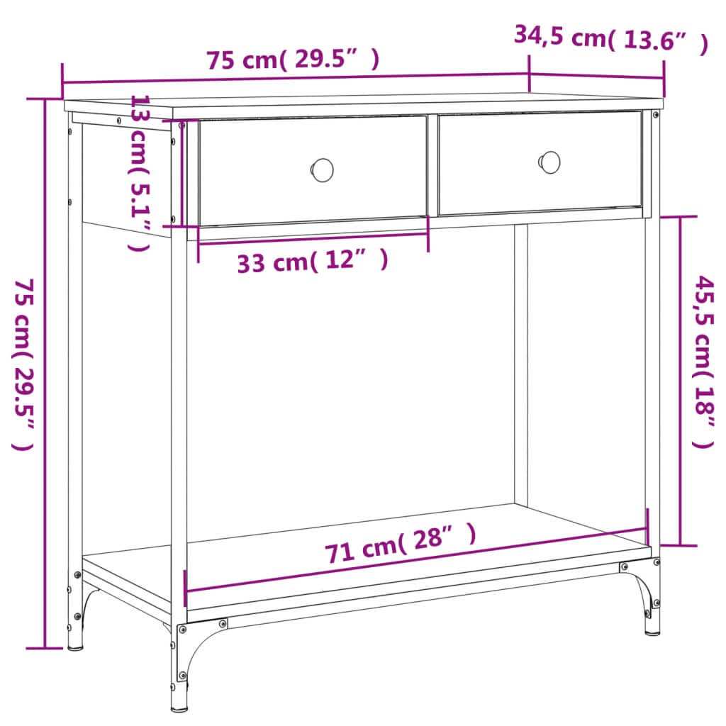 Dimensions of Console Table Sonoma Oak: 75x34.5x75 cm with two drawers for storage, ideal for modern furniture settings.