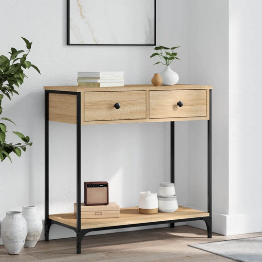 Stylish console table in Sonoma oak with two drawers, ideal for entryway or living room, featuring engineered wood and modern design.