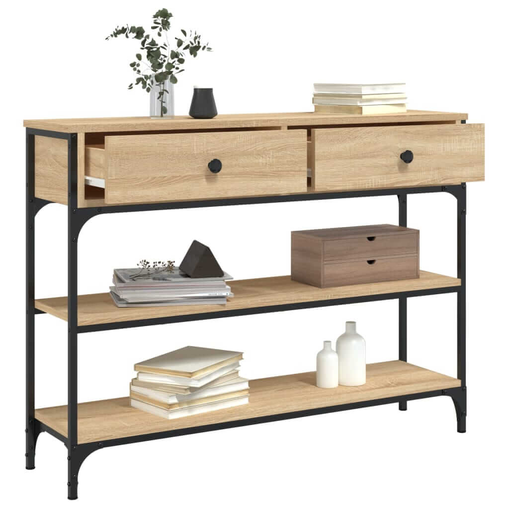 Stylish Sonoma Oak console table with drawers and open shelves for ample storage, perfect for entryway or living room decor.