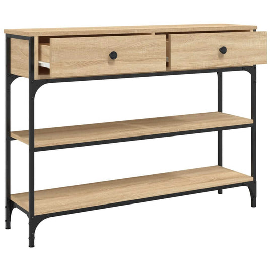 Console table in Sonoma oak with two drawers and open shelves, perfect for stylish storage in entryways or living rooms.