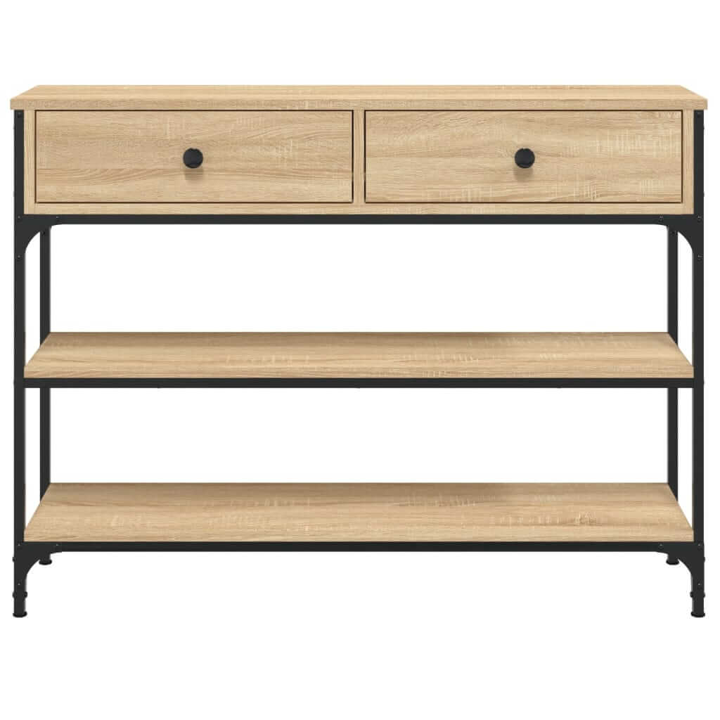 Console table in Sonoma oak finish with black metal frame, featuring two drawers and open shelves for ample storage.