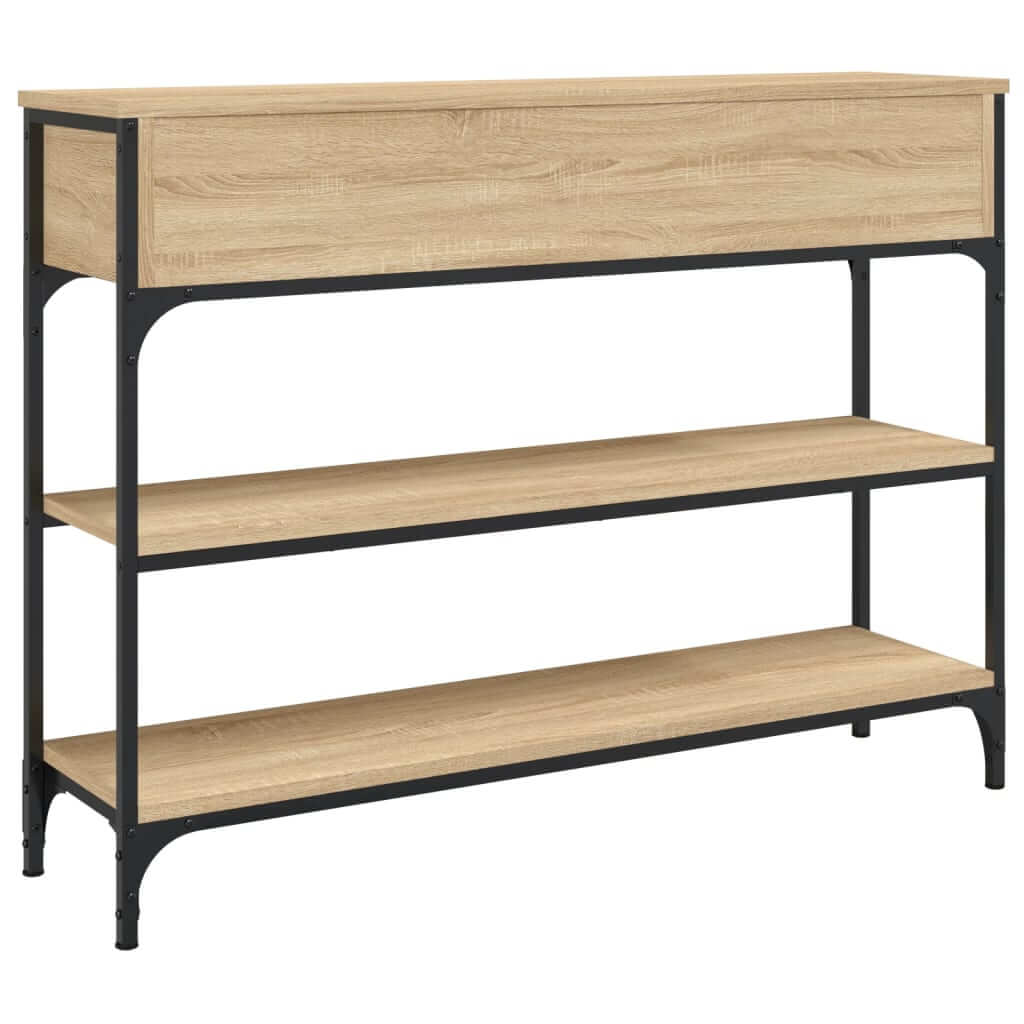 Elegant console table in Sonoma oak finish with three shelves, perfect for entryway and living room storage. Furniture piece.