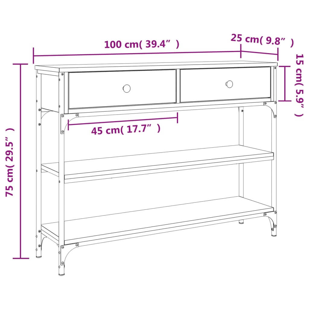 Console table dimensions illustration showing size 100x25x75 cm, featuring two drawers and ample shelf space.