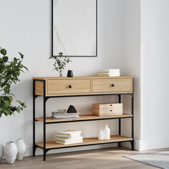 Stylish console table in Sonoma oak with black metal frame, featuring storage drawers and open shelves for a modern living space.