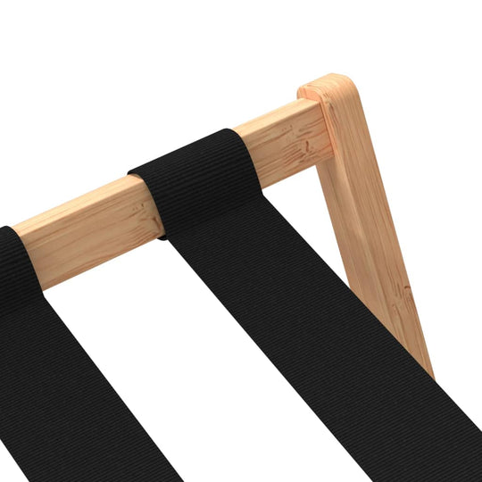 Luggage Rack 68×38×58 cm – Bamboo Travel & Storage Rack with sturdy black straps and natural bamboo frame close-up.