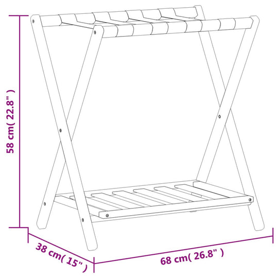Luggage Rack 68×38×58 cm – Bamboo Travel & Storage Rack with dimensions displayed.
