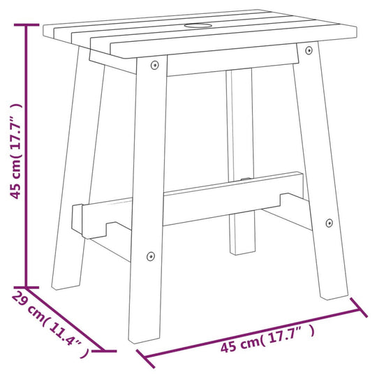 Dimensions of a rectangular solid wood acacia stool, measuring 45x29x45 cm, ideal for outdoor and indoor furniture.