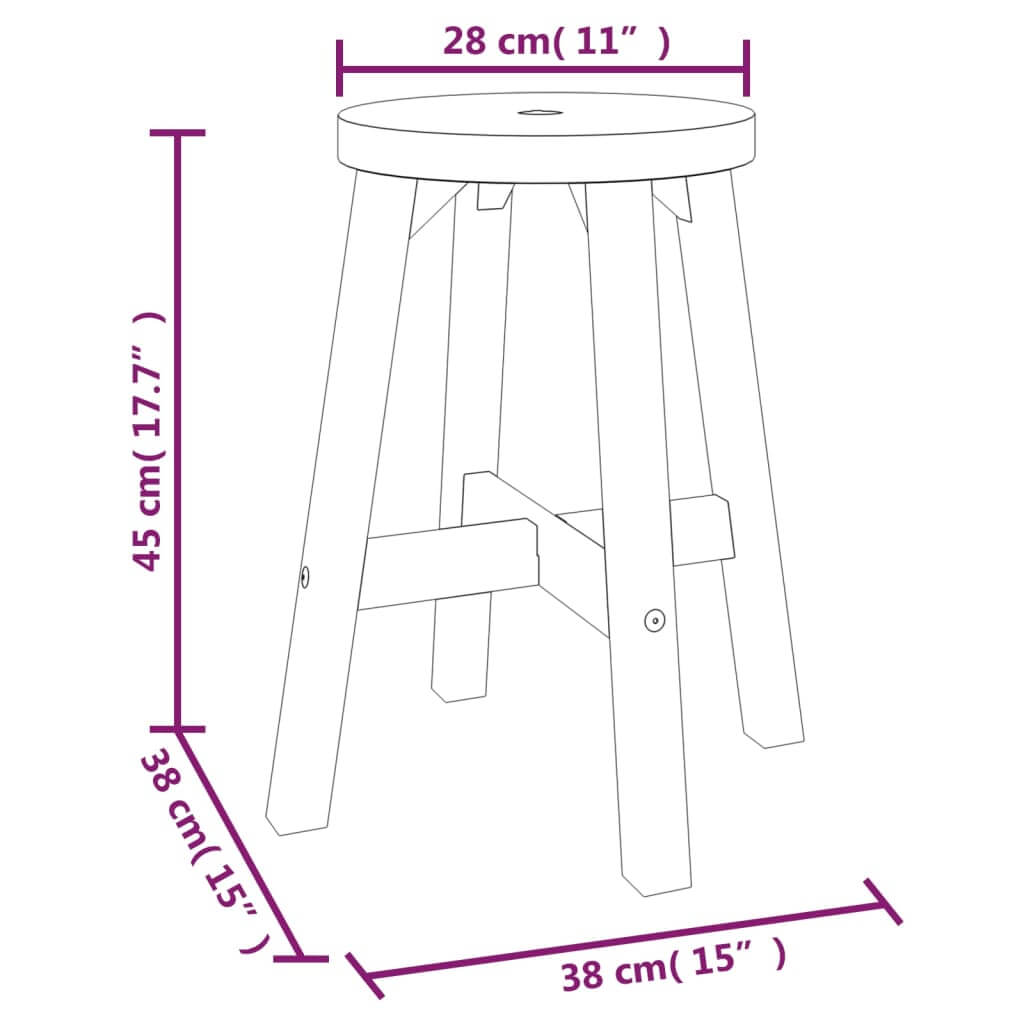 Dimensions of a round stool made of solid acacia wood, measuring 38x38x45 cm, showcasing its rustic design.