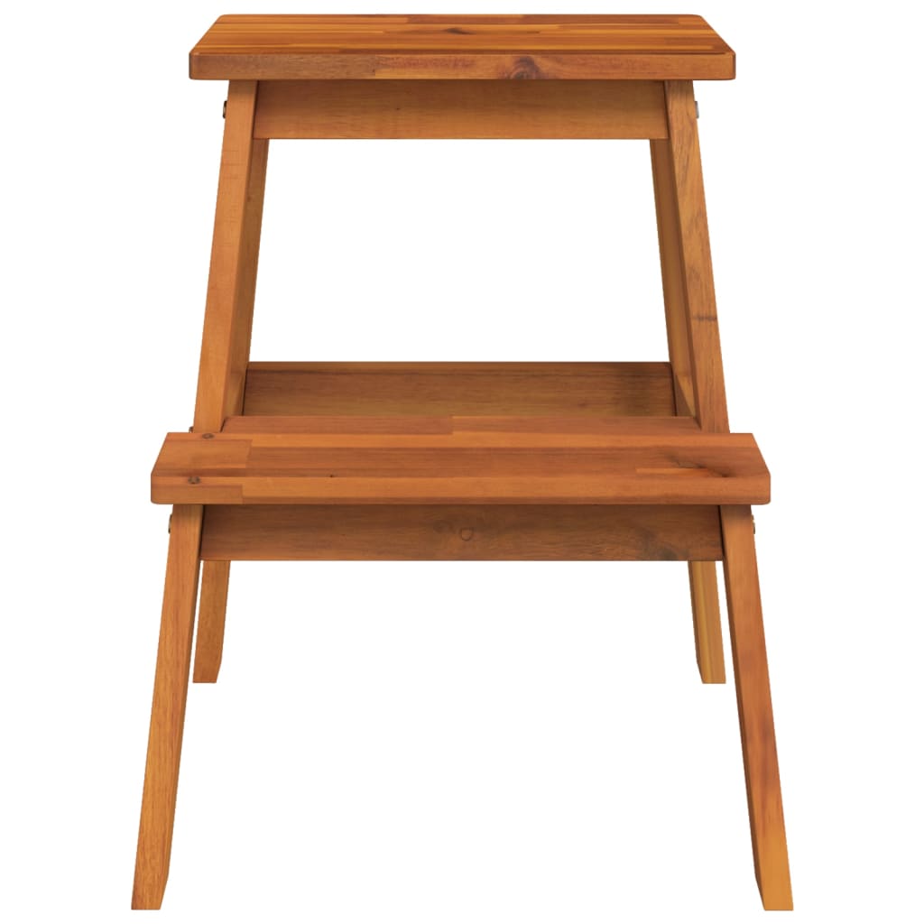 Solid wood acacia 2 step stool, rustic design for home and outdoor spaces, practical kitchen and garden furniture.