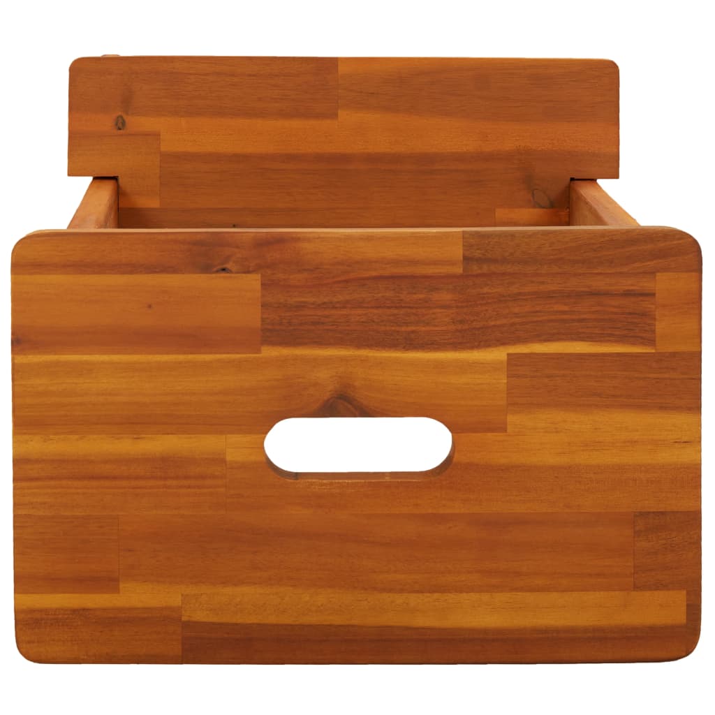 Front view of a solid acacia wood drawer with a handle, showcasing its rustic finish and durable design.