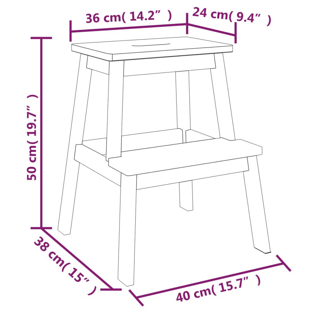 Dimensions of a 2 step stool in solid acacia wood, measuring 50 cm high, 40 cm wide, and 38 cm deep, perfect for home or outdoor use.