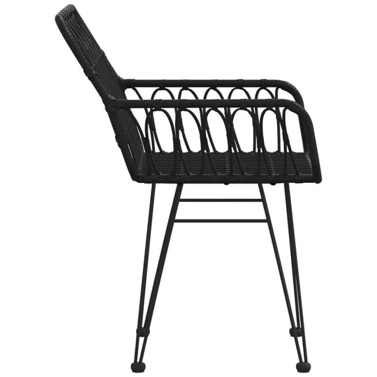 Side view of black PE rattan garden chair with armrest, perfect for outdoor lounging and relaxing.