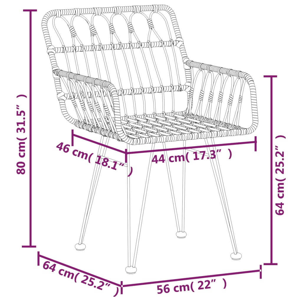 Garden chair dimensions illustration: 80 cm height, 64 cm width, UV-resistant PE rattan design, perfect for outdoor furniture.