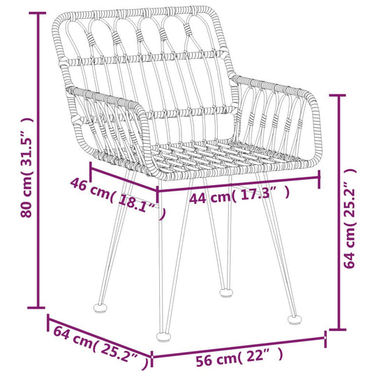 Garden chair dimensions illustration: 80 cm height, 64 cm width, UV-resistant PE rattan design, perfect for outdoor furniture.