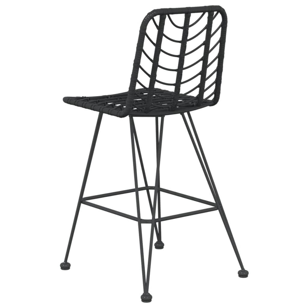 Black bar stool with PE rattan seat and steel frame, perfect for outdoor furniture and lounge areas. Ideal for patios and gardens.