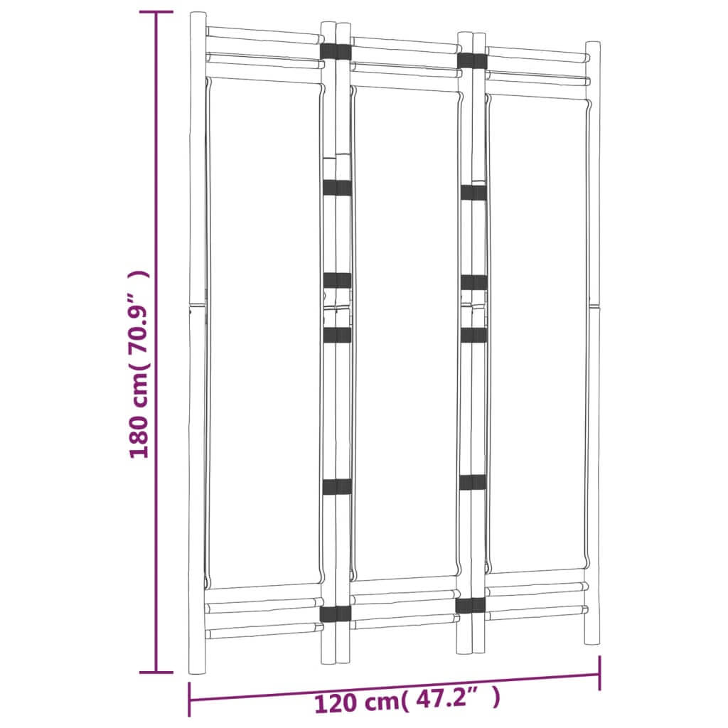 Folding 3-Panel Room Divider 120 cm Bamboo and Canvas dimensions illustration with height and width measurements.
