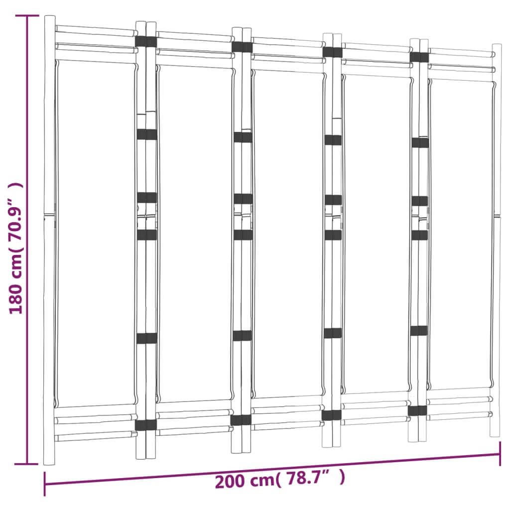 5-Panel Folding Room Divider 200cm – Bamboo & Canvas UAE dimensions diagram with measurements.